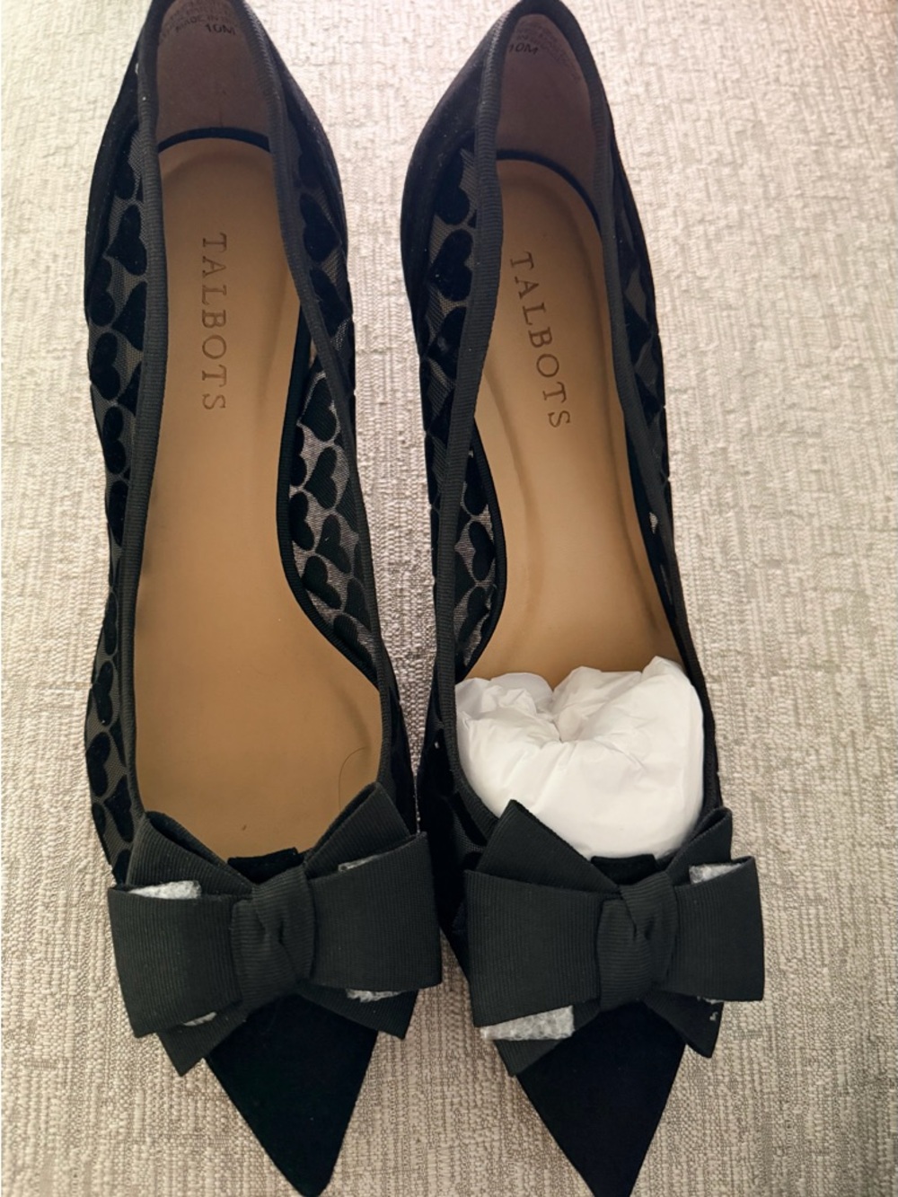 Talbots Black Pointed-Toe Bow Flats with Mesh Heart Detail